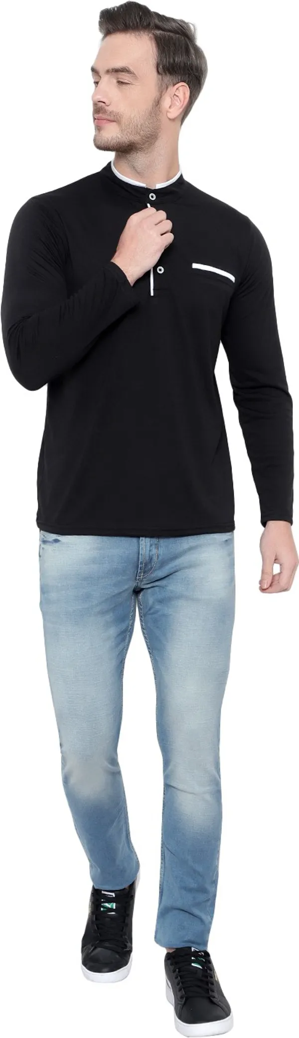 Black_Cotton_Solid_Mandarin_Collar_Regukar_Fit_T-Shirt_For_Men