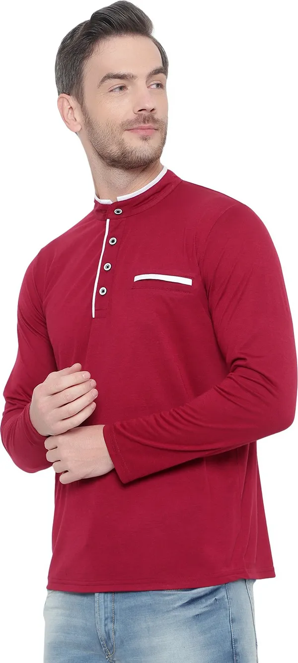 Maroon_Cotton_Solid_Mandarin_Collar_Regukar_Fit_T-Shirt_for_men
