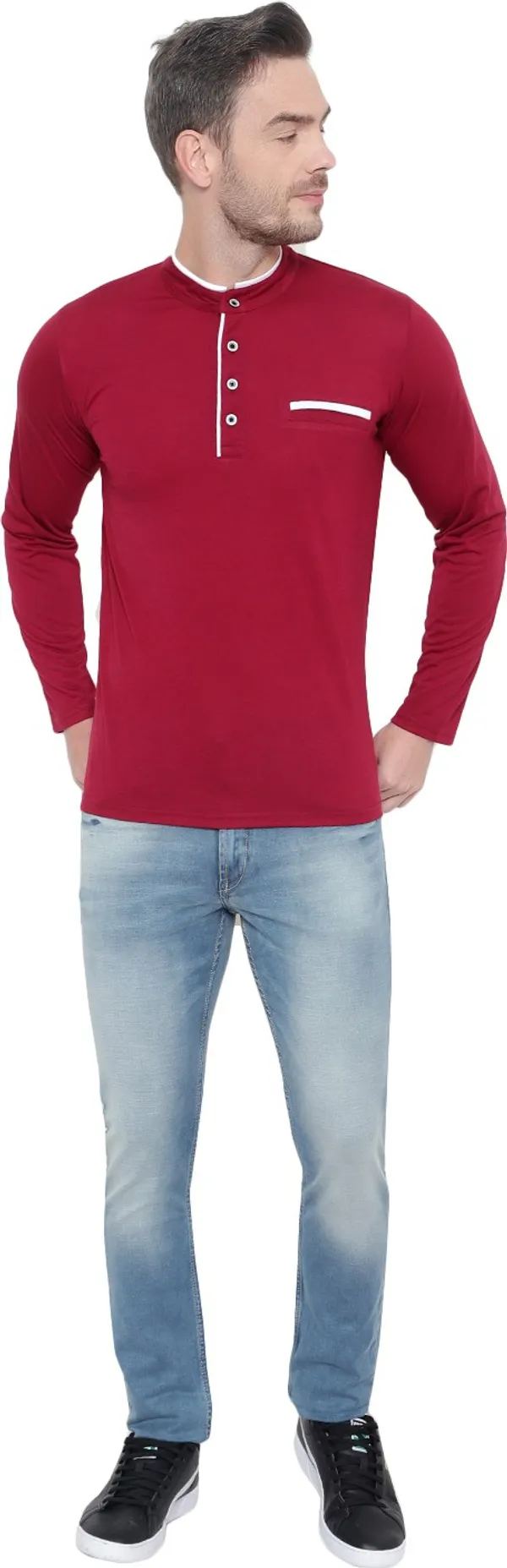 Maroon_Cotton_Solid_Mandarin_Collar_Regukar_Fit_T-Shirt_for_men