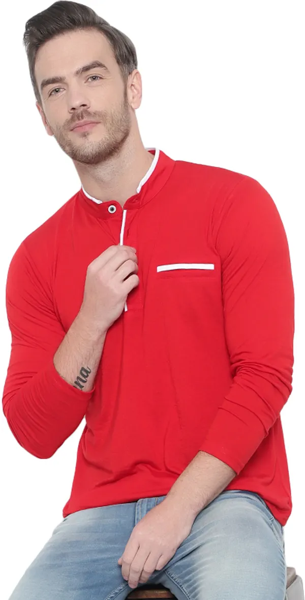 Red__Cotton_Solid_Mandarin_Collar__Regukar_Fit_T-Shirt_For_Men