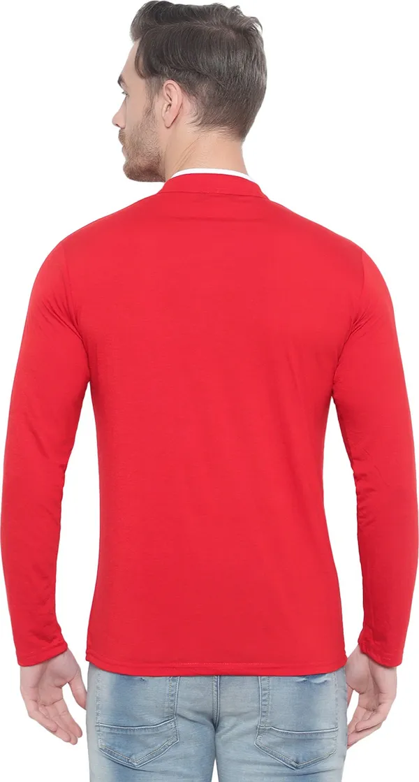 Red__Cotton_Solid_Mandarin_Collar__Regukar_Fit_T-Shirt_For_Men