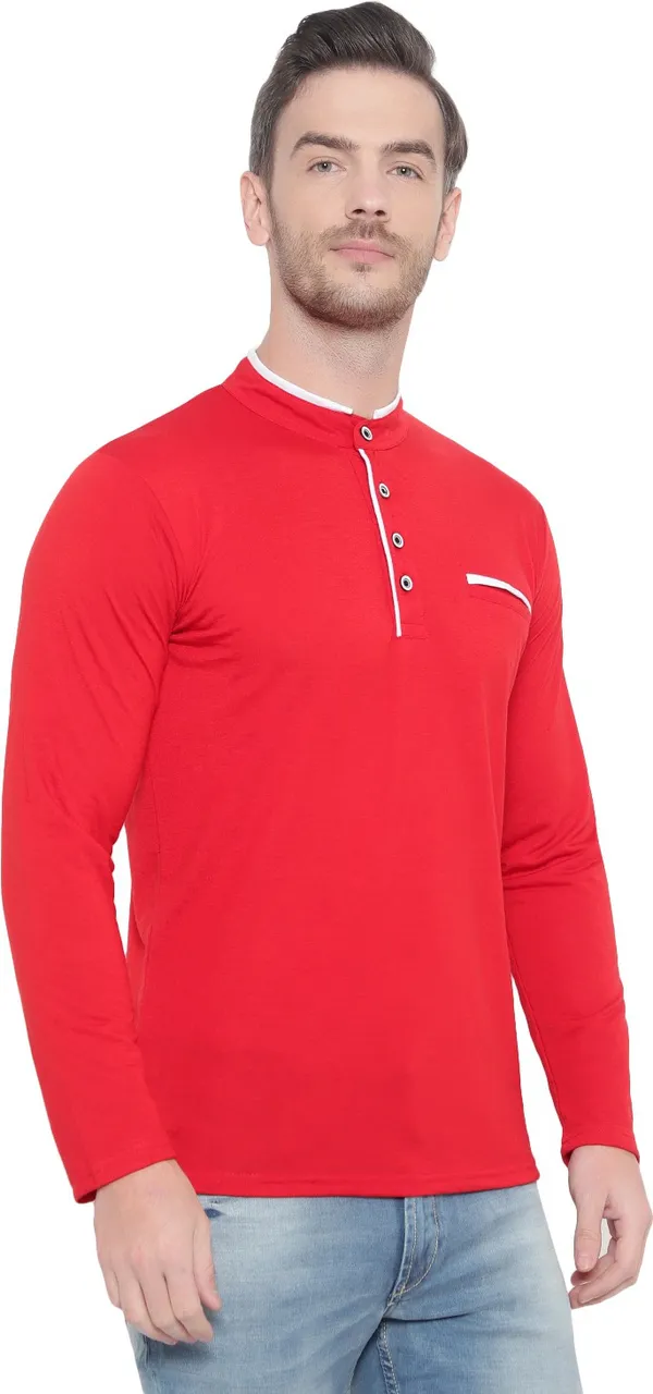 Red__Cotton_Solid_Mandarin_Collar__Regukar_Fit_T-Shirt_For_Men