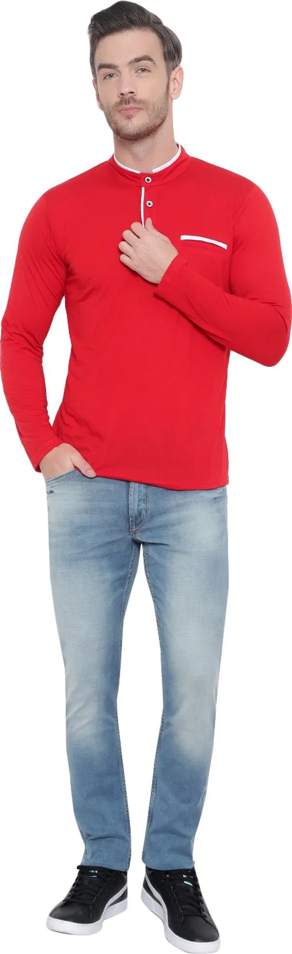 Red__Cotton_Solid_Mandarin_Collar__Regukar_Fit_T-Shirt_For_Men