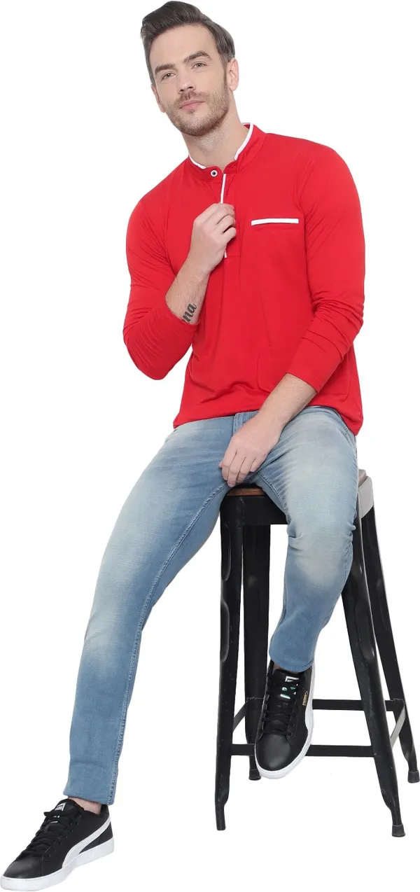 Red__Cotton_Solid_Mandarin_Collar__Regukar_Fit_T-Shirt_For_Men