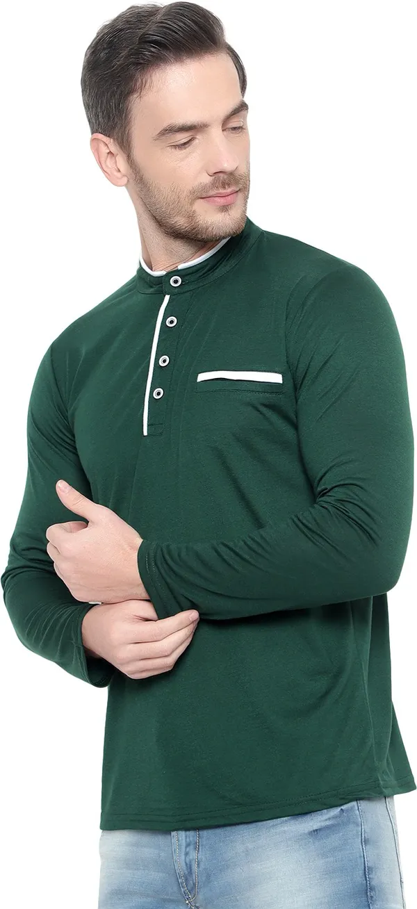 Dark_Green_Cotton_Solid_Mandarin_Collar_Regukar_Fit_T-Shirt_for_men