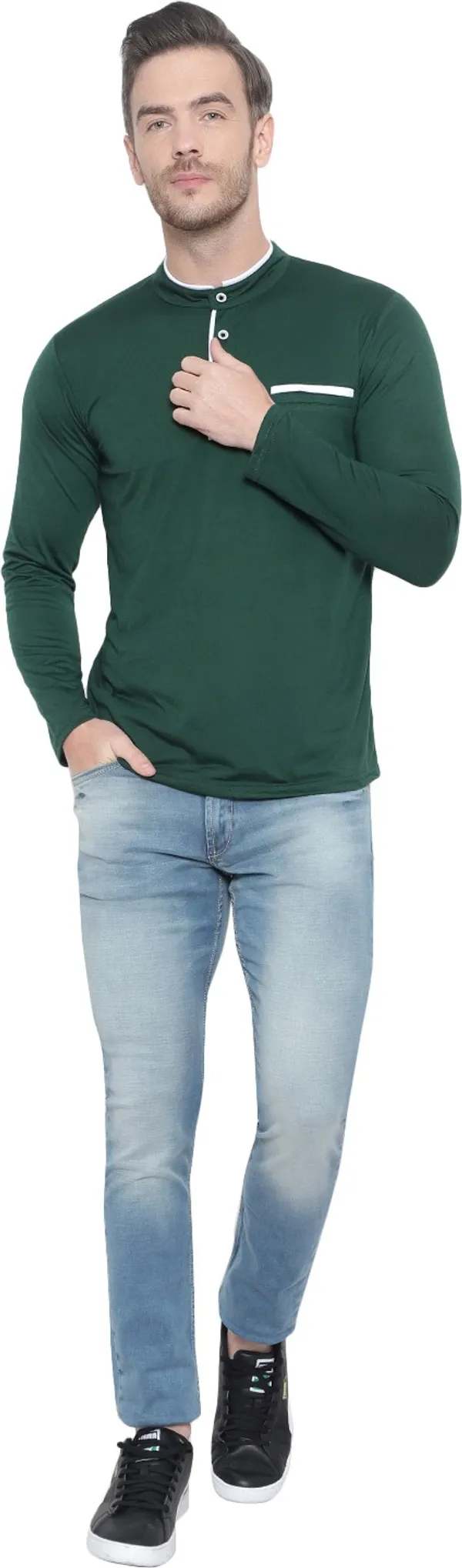 Dark_Green_Cotton_Solid_Mandarin_Collar_Regukar_Fit_T-Shirt_for_men