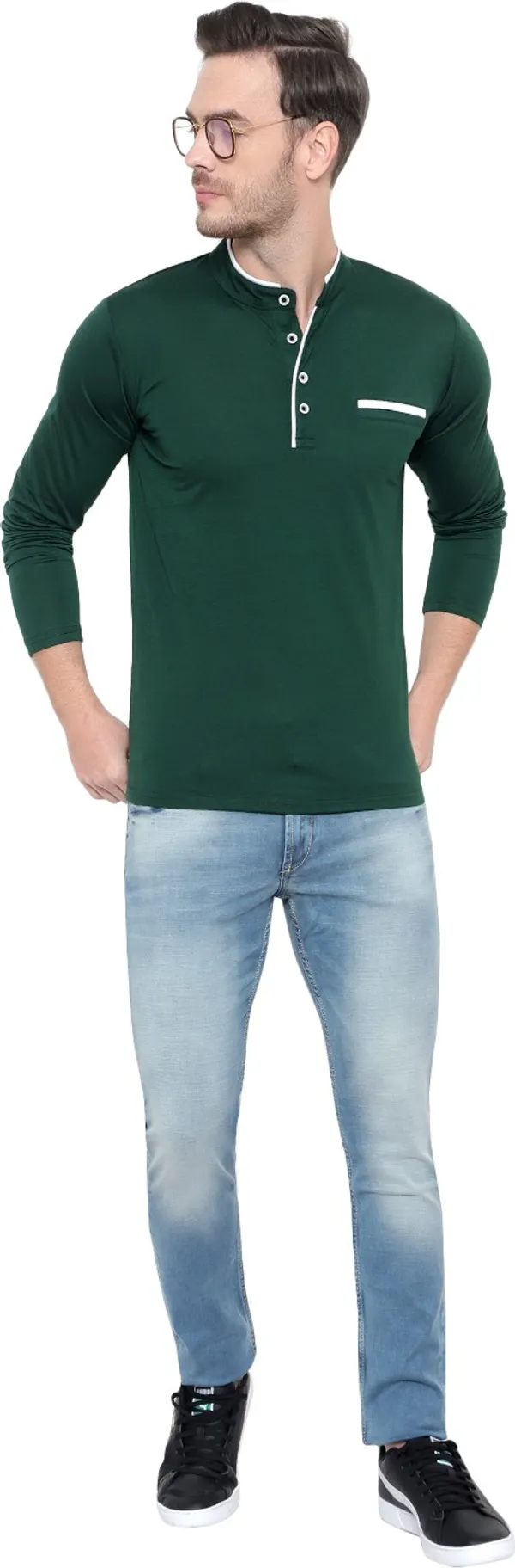 Dark_Green_Cotton_Solid_Mandarin_Collar_Regukar_Fit_T-Shirt_for_men