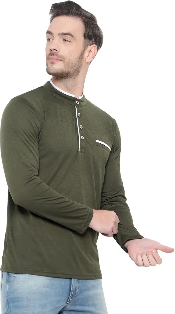 Dark_Green_Cotton_Solid_Mandarin_Collar_Regukar_Fit_T-Shirt_For_Men