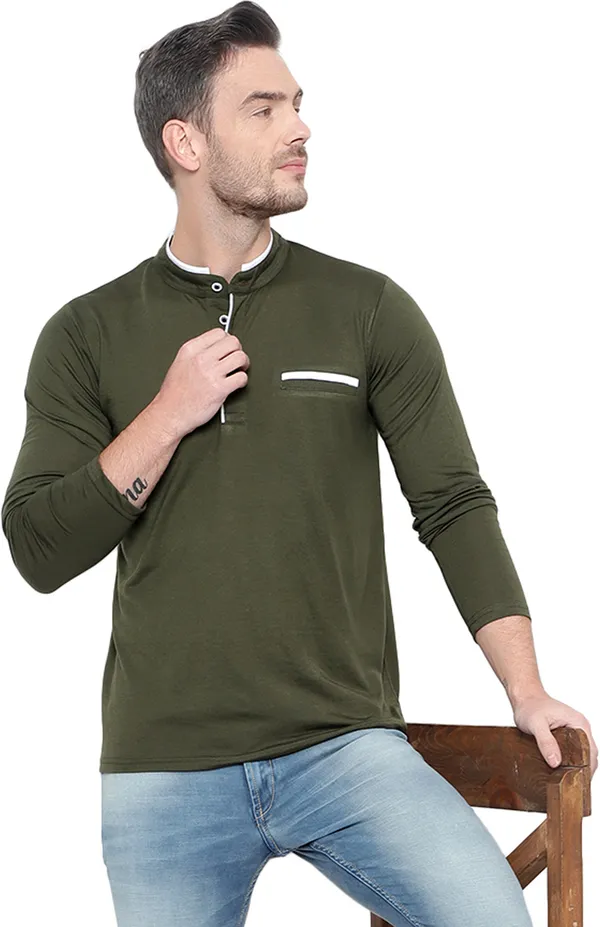 Dark_Green_Cotton_Solid_Mandarin_Collar_Regukar_Fit_T-Shirt_For_Men