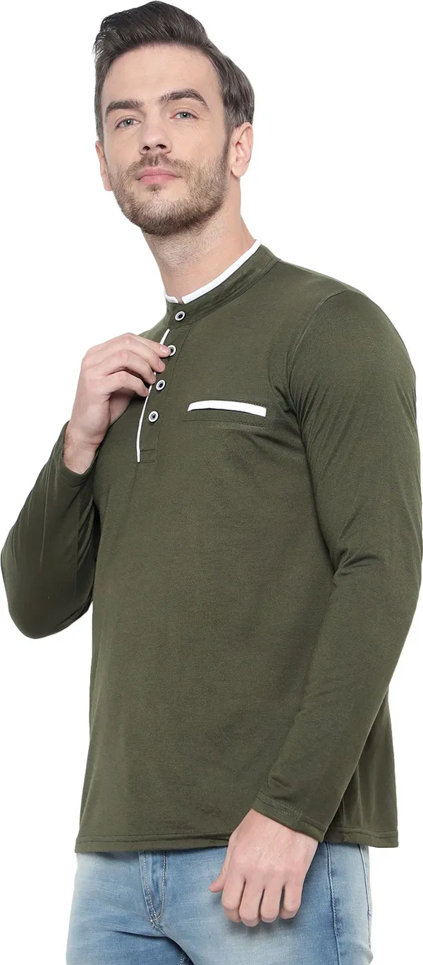 Dark_Green_Cotton_Solid_Mandarin_Collar_Regukar_Fit_T-Shirt_For_Men