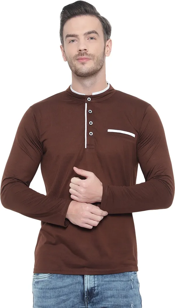 Brown_Cotton_Solid_Mandarin_Collar_Regukar_Fit_T-Shirt_For_Men
