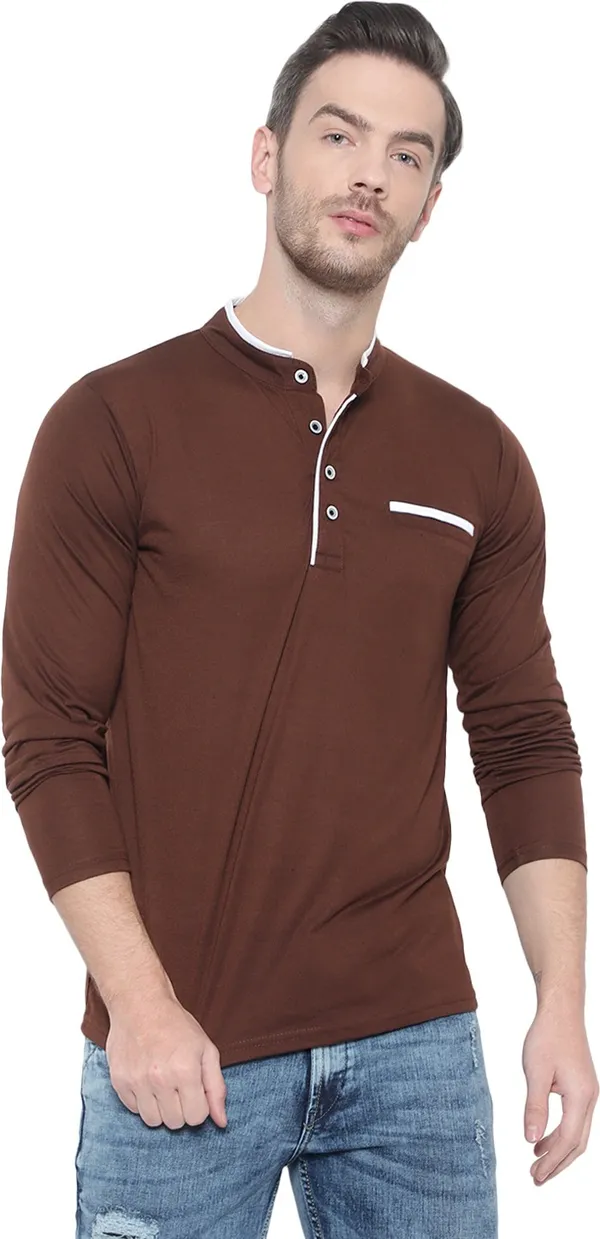 Brown_Cotton_Solid_Mandarin_Collar_Regukar_Fit_T-Shirt_For_Men