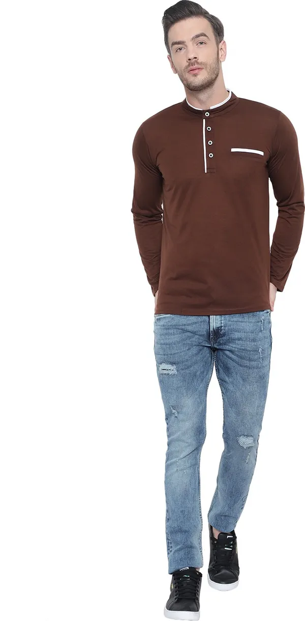 Brown_Cotton_Solid_Mandarin_Collar_Regukar_Fit_T-Shirt_For_Men