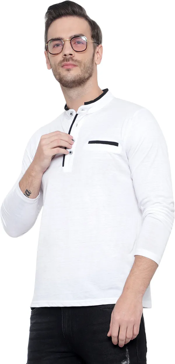 White_Cotton_Solid_Men_Mandarin_Collar_White_Regukar_Fit_T-Shirt_For_Men