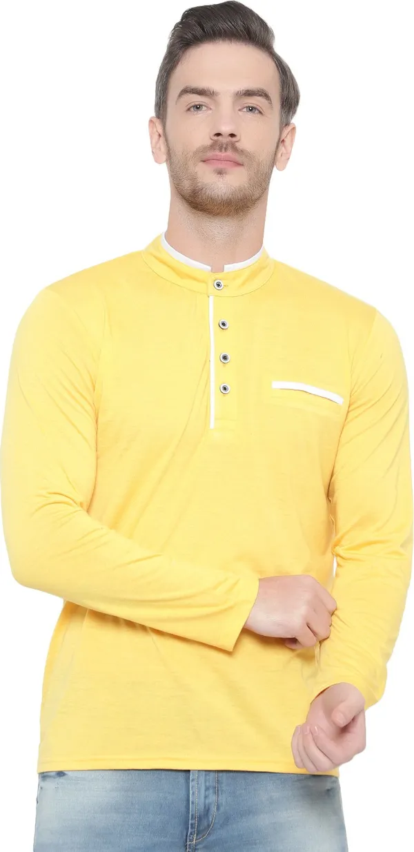 Yellow_Cotton_Solid_Mandarin_Collar_Regukar_Fit_T-Shirt_For_Men