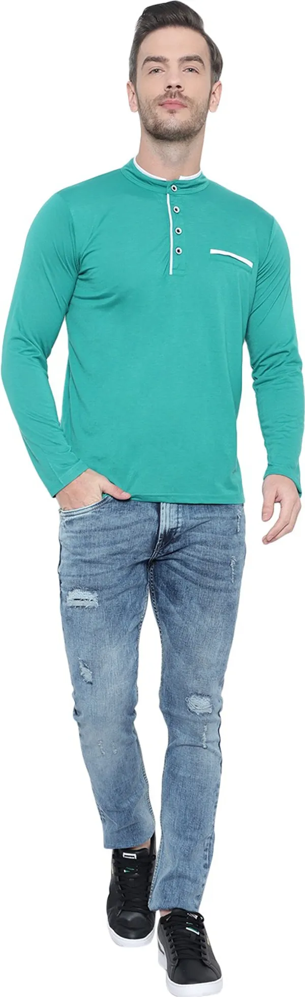 Green_Cotton_Solid_Mandarin_Collar_Regukar_Fit_T-Shirt_For_Men