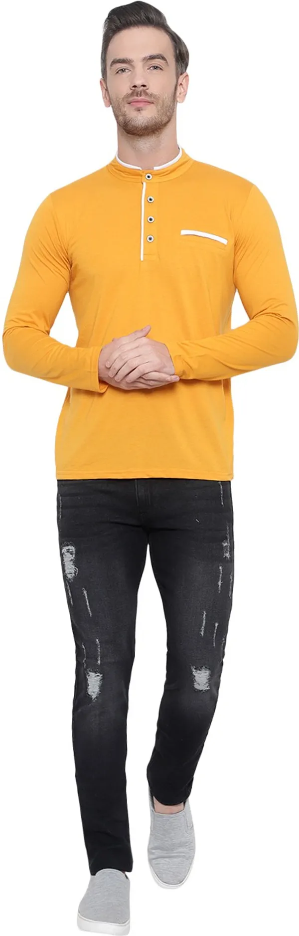 Yellow_Cotton_Solid_Mandarin_Collar_Regukar_Fit_T-Shirt_for_men