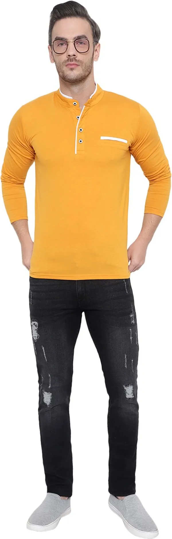 Yellow_Cotton_Solid_Mandarin_Collar_Regukar_Fit_T-Shirt_for_men