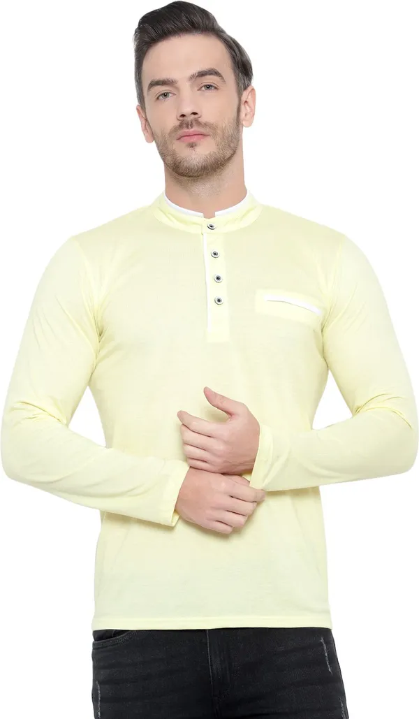 Yellow_Cotton_Solid_Mandarin_Collar_Regukar_Fit_T-Shirt_For_Men