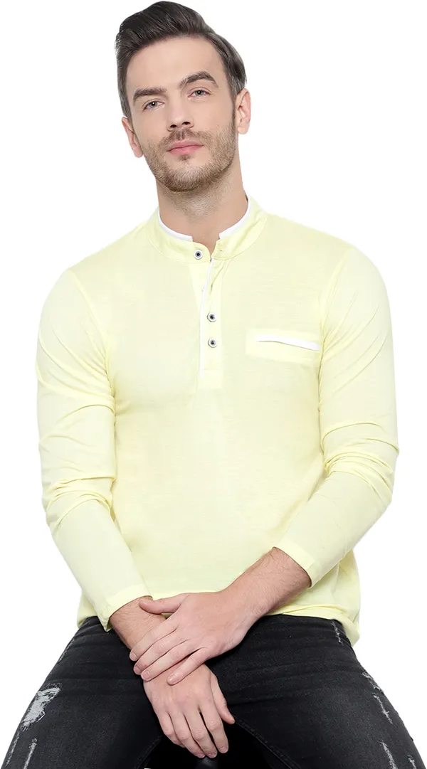 Yellow_Cotton_Solid_Mandarin_Collar_Regukar_Fit_T-Shirt_For_Men