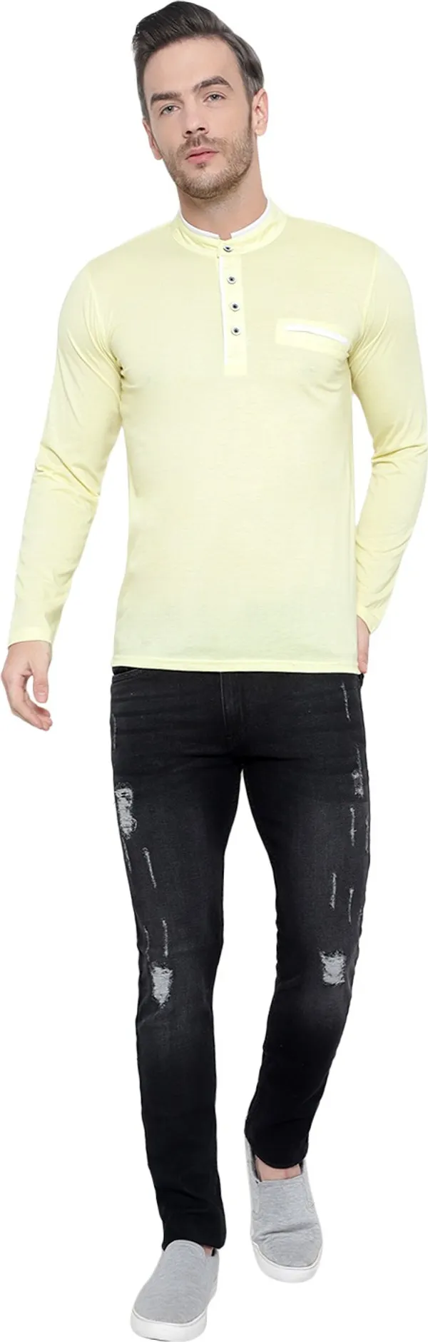 Yellow_Cotton_Solid_Mandarin_Collar_Regukar_Fit_T-Shirt_For_Men