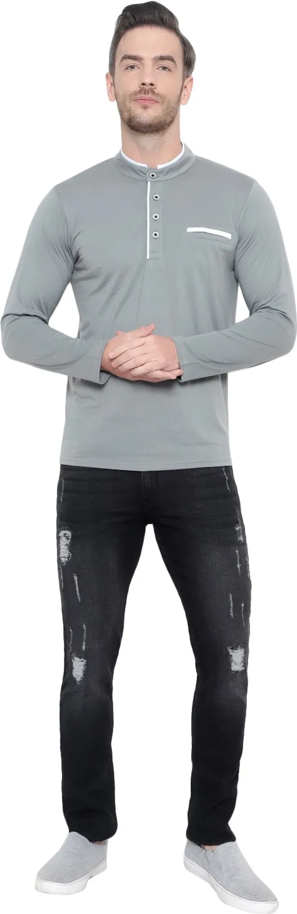 Grey_Cotton_Solid_Mandarin_Collar_Regukar_Fit_T-Shirt_For_Men
