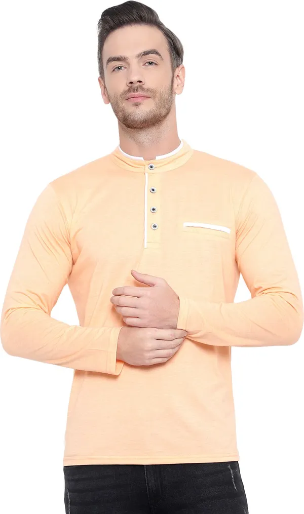 Beige_Cotton_Solid_Mandarin_Collar_Regukar_Fit_T-Shirt_For_Men