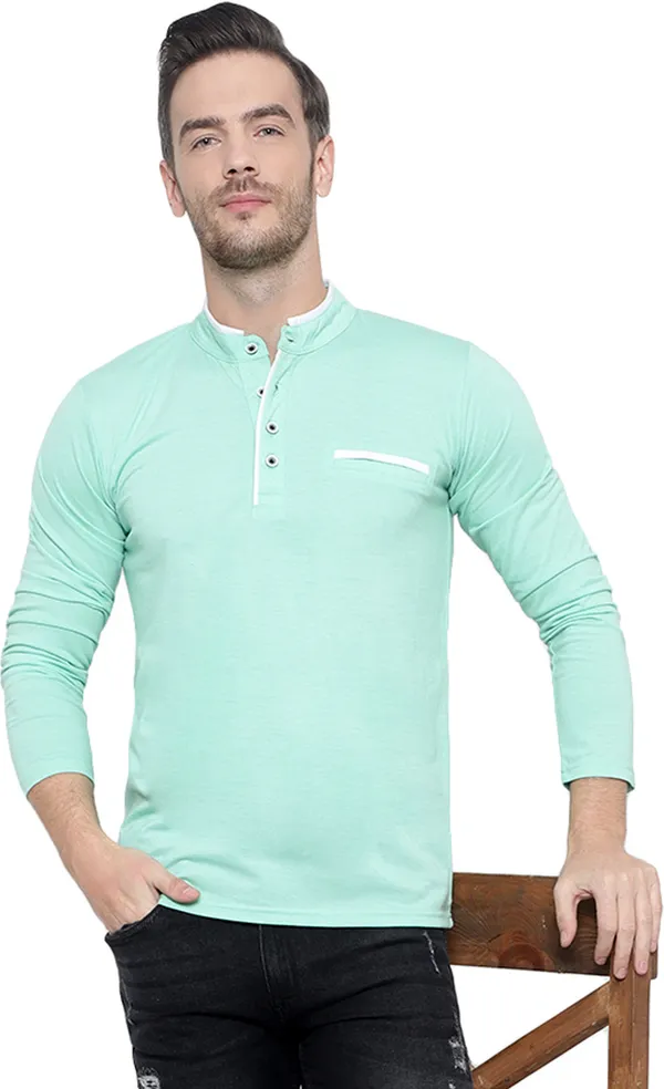 Green_Cotton_Solid_Mandarin_Collar_Regukar_Fit_T-Shirt_For_Men