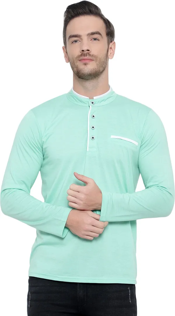 Green_Cotton_Solid_Mandarin_Collar_Regukar_Fit_T-Shirt_For_Men