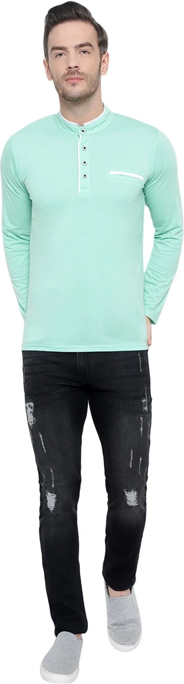 Green_Cotton_Solid_Mandarin_Collar_Regukar_Fit_T-Shirt_For_Men