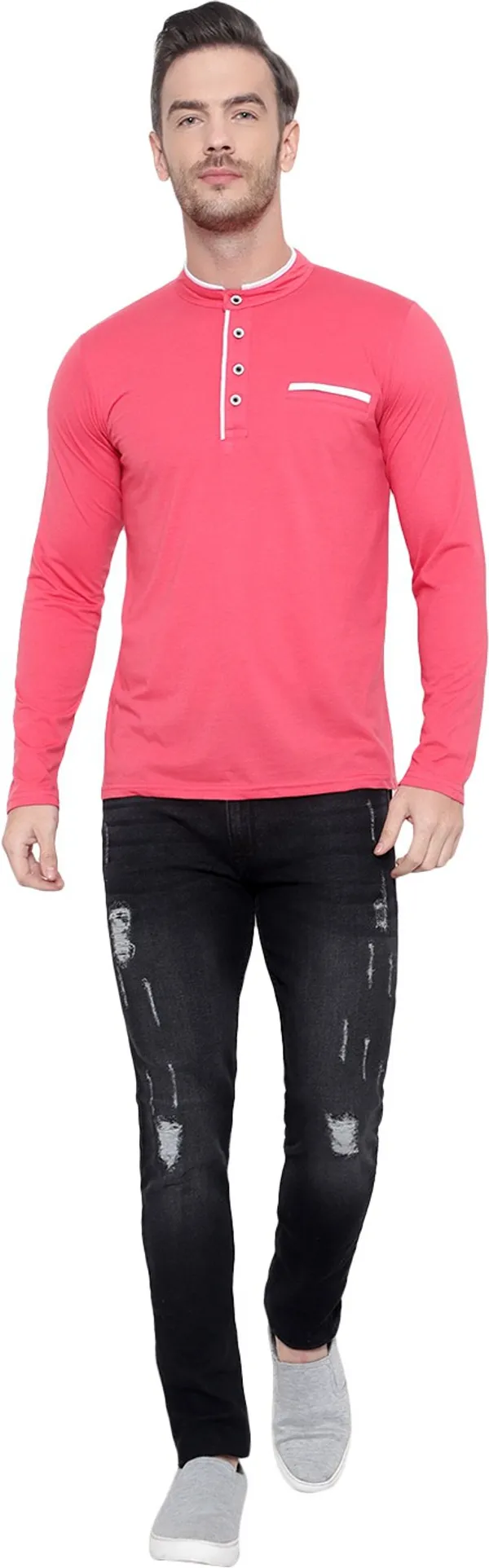 Red_Cotton_Blend_T-Shirt_for_Men_|_Solid_Mandarin_Collar