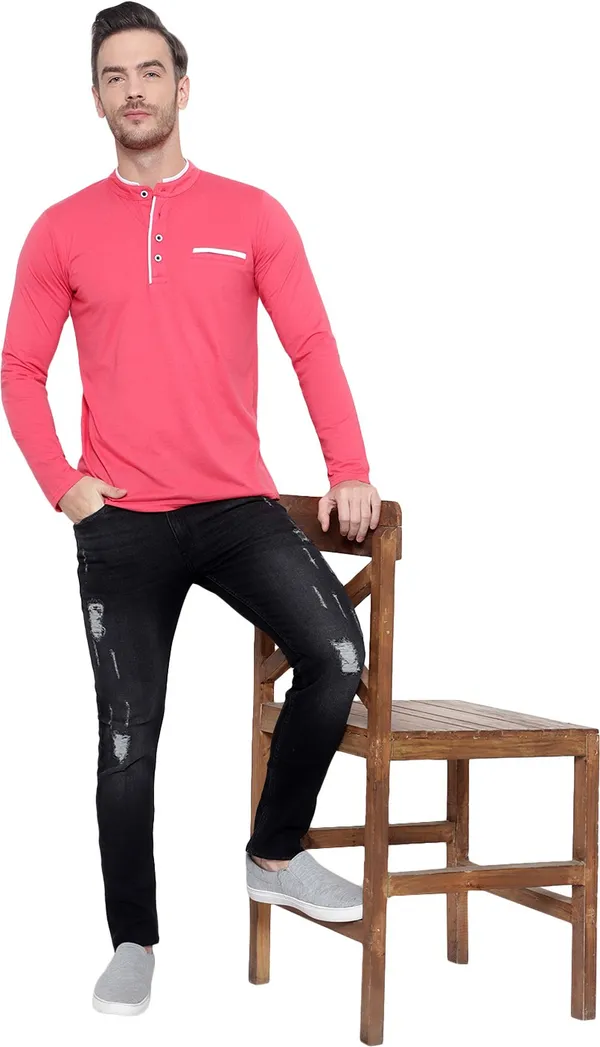 Red_Cotton_Blend_T-Shirt_for_Men_|_Solid_Mandarin_Collar