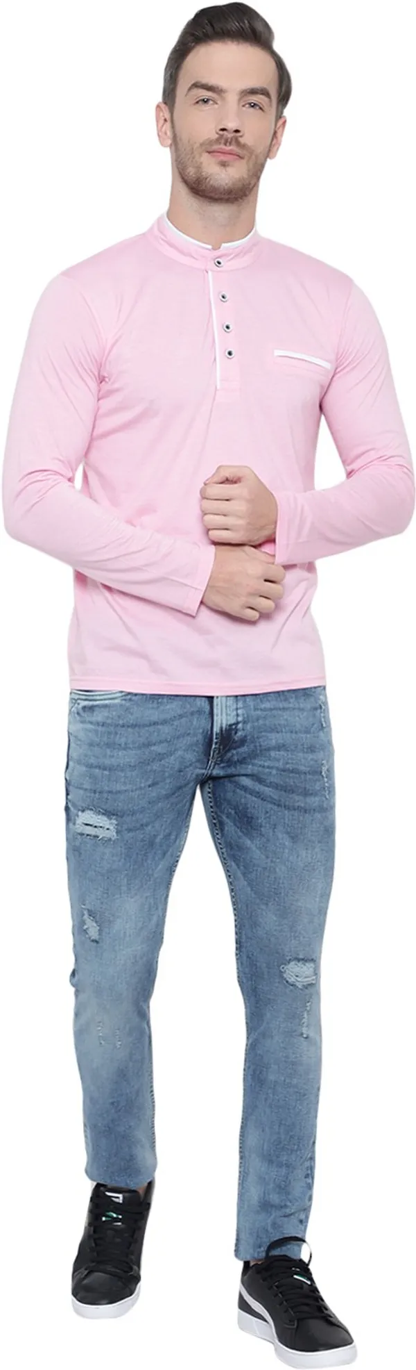 Pink_Cotton_Solid_Mandarin_Collar_Pink_Regukar_Fit_T-Shirt_for_men