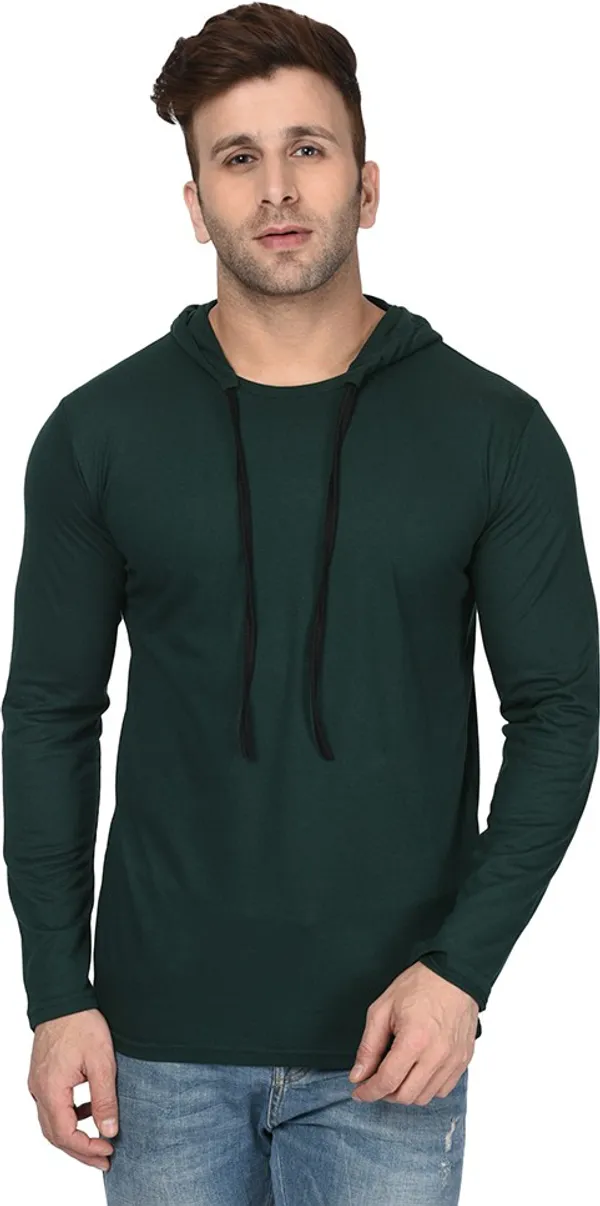 Dark_Green_Cotton_Solid_Hooded_Neck_Regukar_Fit_T-Shirt_For_Men