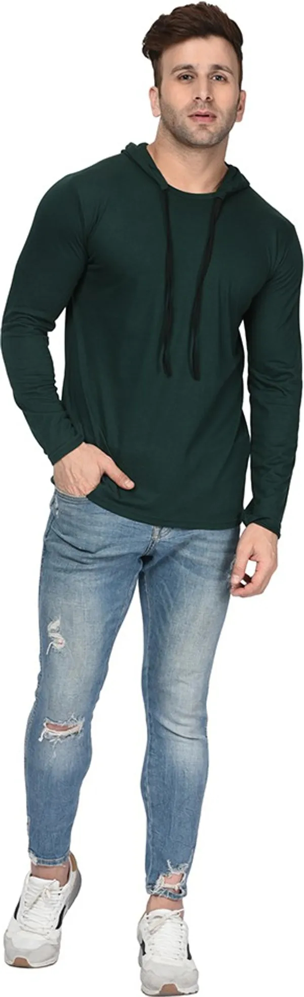 Dark_Green_Cotton_Solid_Hooded_Neck_Regukar_Fit_T-Shirt_For_Men