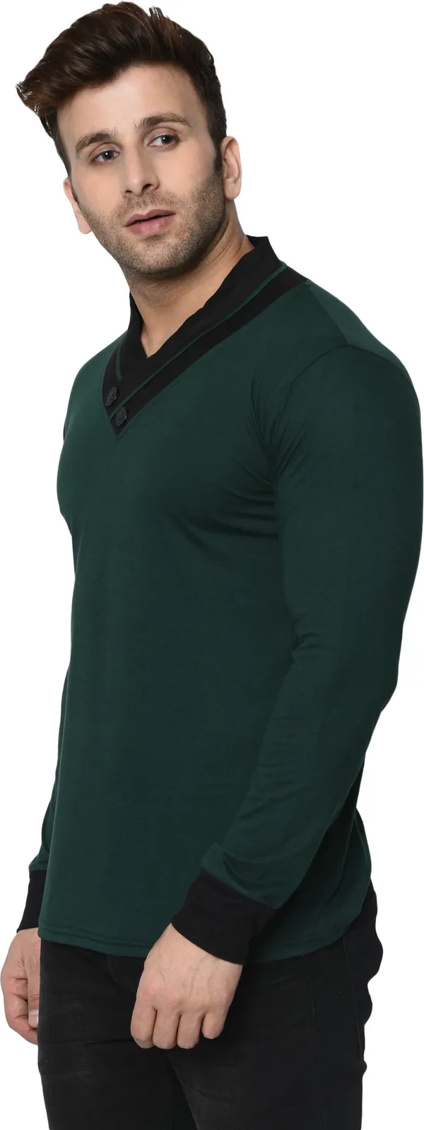 Dark_Green_Colorblock_Shawl_Neck_Regukar_Fit_T-Shirt_for_men
