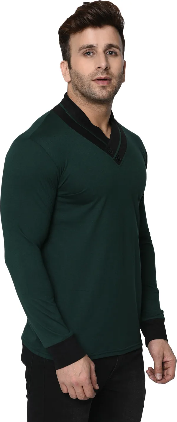 Dark_Green_Colorblock_Shawl_Neck_Regukar_Fit_T-Shirt_for_men