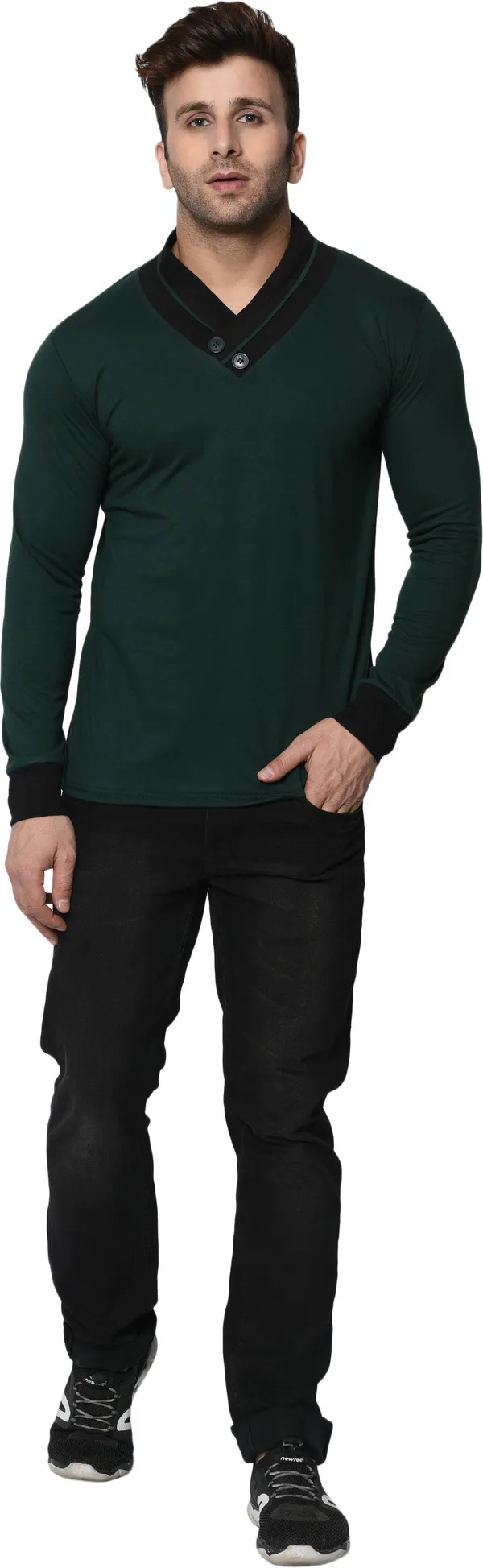 Dark_Green_Colorblock_Shawl_Neck_Regukar_Fit_T-Shirt_for_men