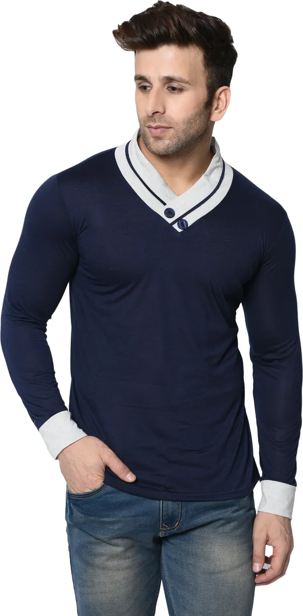 Dark_Blue_Colorblock_Shawl_Neck_Regukar_Fit_T-Shirt_For_Men