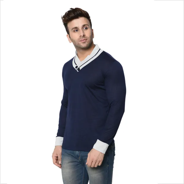 Dark_Blue_Colorblock_Shawl_Neck_Regukar_Fit_T-Shirt_For_Men
