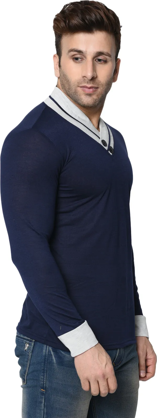 Dark_Blue_Colorblock_Shawl_Neck_Regukar_Fit_T-Shirt_For_Men