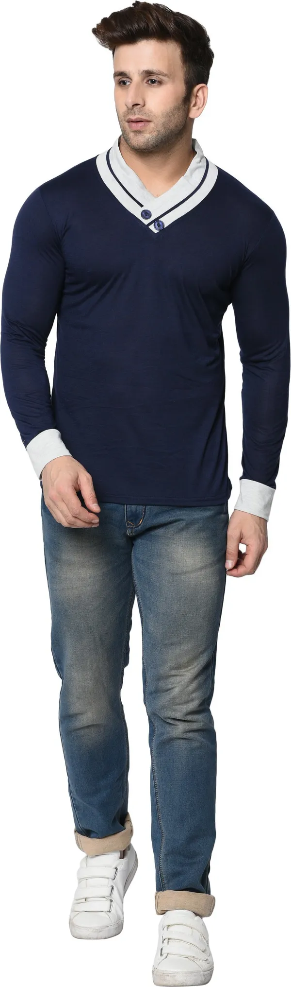 Dark_Blue_Colorblock_Shawl_Neck_Regukar_Fit_T-Shirt_For_Men