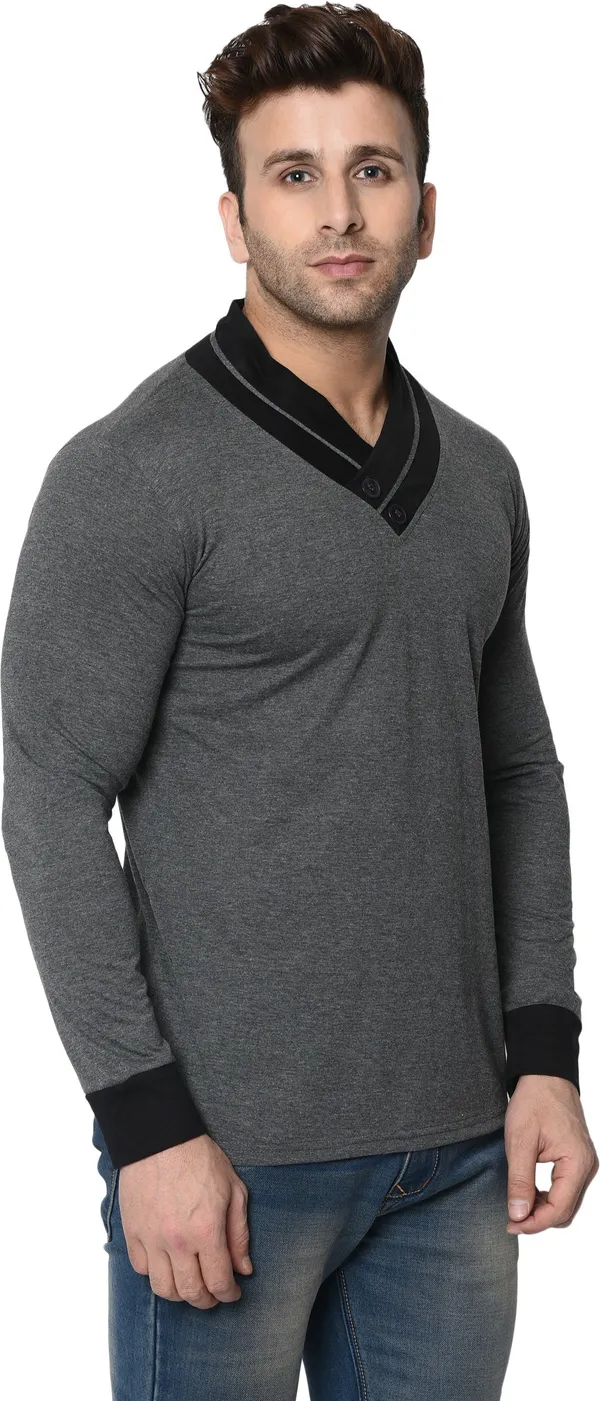Grey_Colorblock_Shawl_Neck_Regukar_Fit_T-Shirt_For_Men