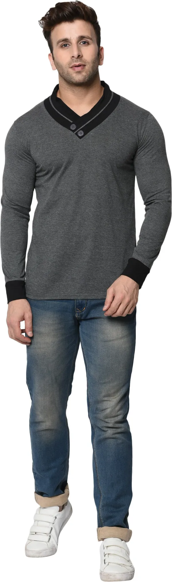 Grey_Colorblock_Shawl_Neck_Regukar_Fit_T-Shirt_For_Men