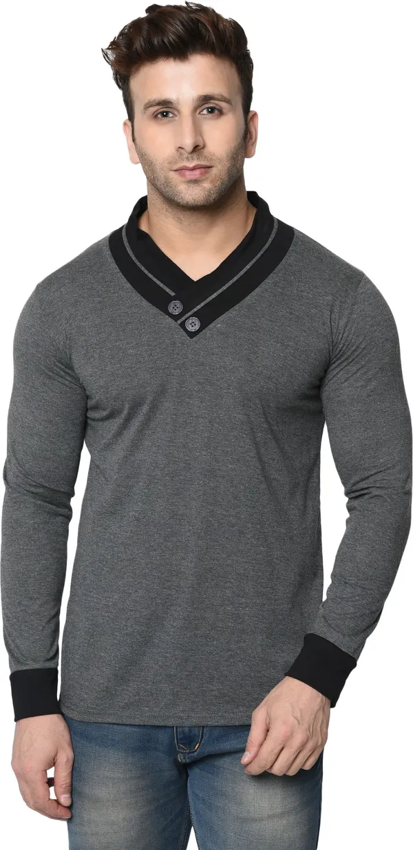 Grey_Colorblock_Shawl_Neck_Regukar_Fit_T-Shirt_For_Men
