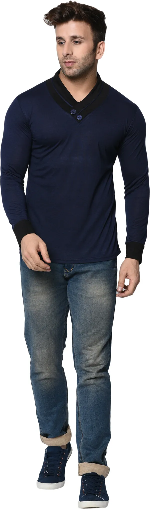 Dark_Blue_Colorblock_Shawl_Neck_Regukar_Fit_T-Shirt_for_men