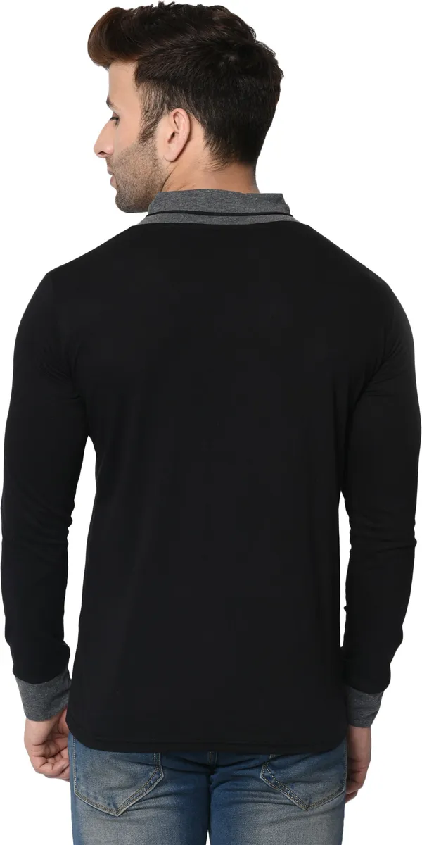 Black_Colorblock_Shawl_Neck_Regukar_Fit_T-Shirt_For_Men