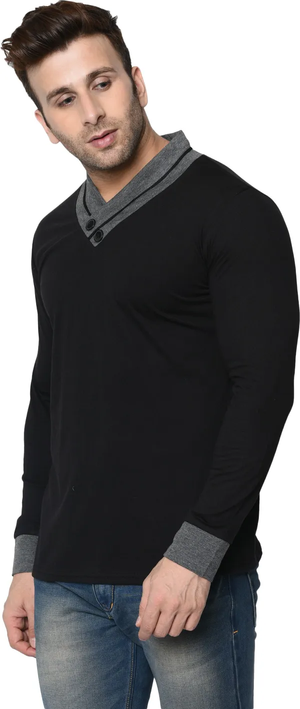 Black_Colorblock_Shawl_Neck_Regukar_Fit_T-Shirt_For_Men
