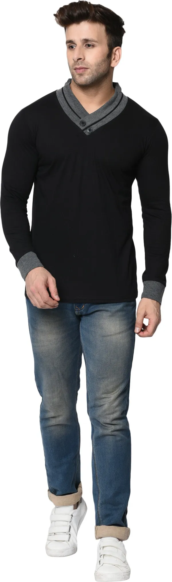 Black_Colorblock_Shawl_Neck_Regukar_Fit_T-Shirt_For_Men