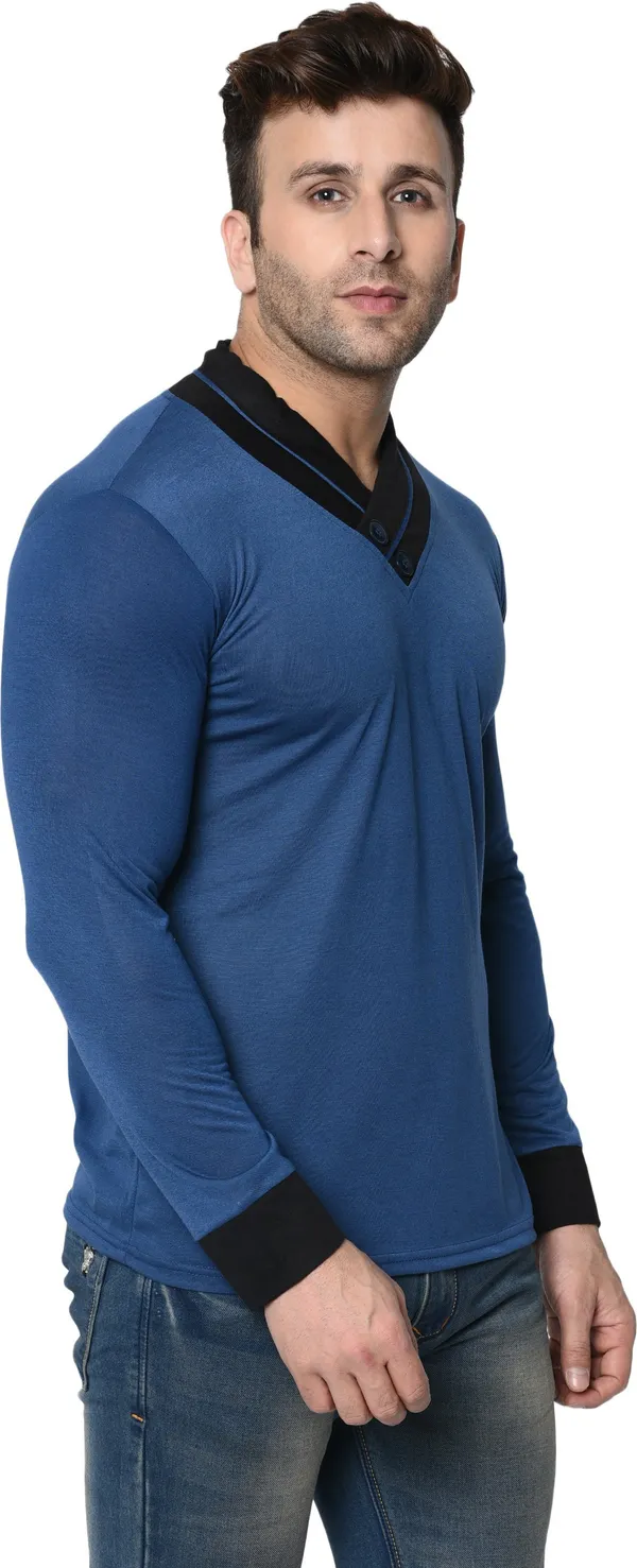 Dark_Blue_Colorblock_Shawl_Neck_Regukar_Fit_T-Shirt_For_Men
